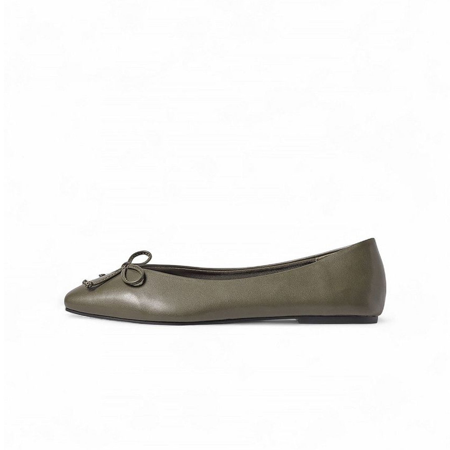 Khaki Green Square-Toe Classic Front Bow Detail Ballet Flats