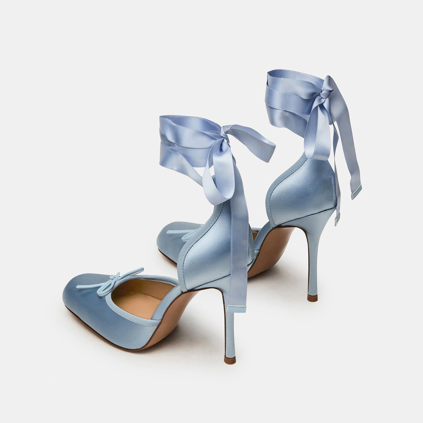 Blue Satin Square-Toe Front Bow Ankle Strap Slip-On High Heels
