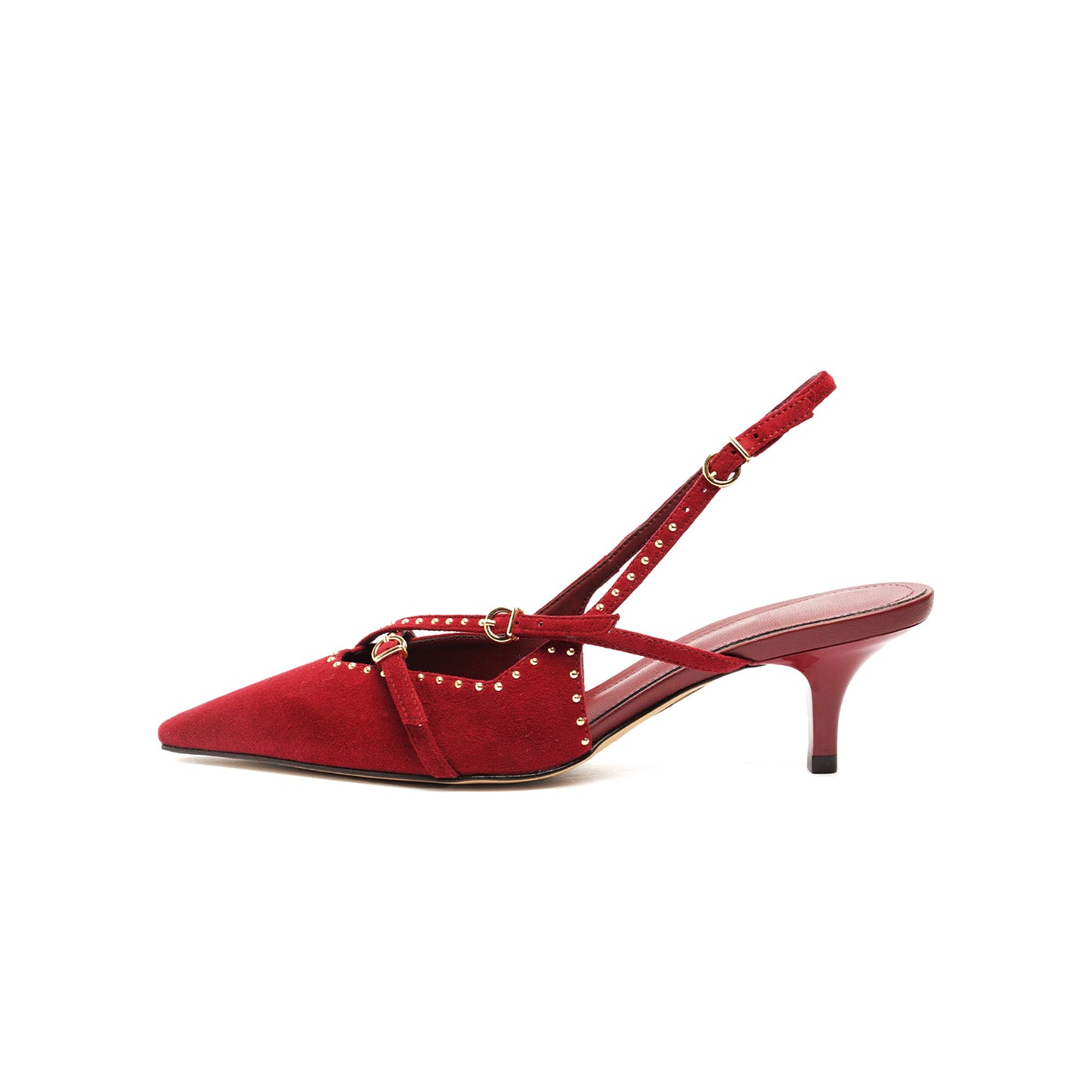 Red Faux Suede Pointed-Toe Studded Strappy Slingback Kitten Heels