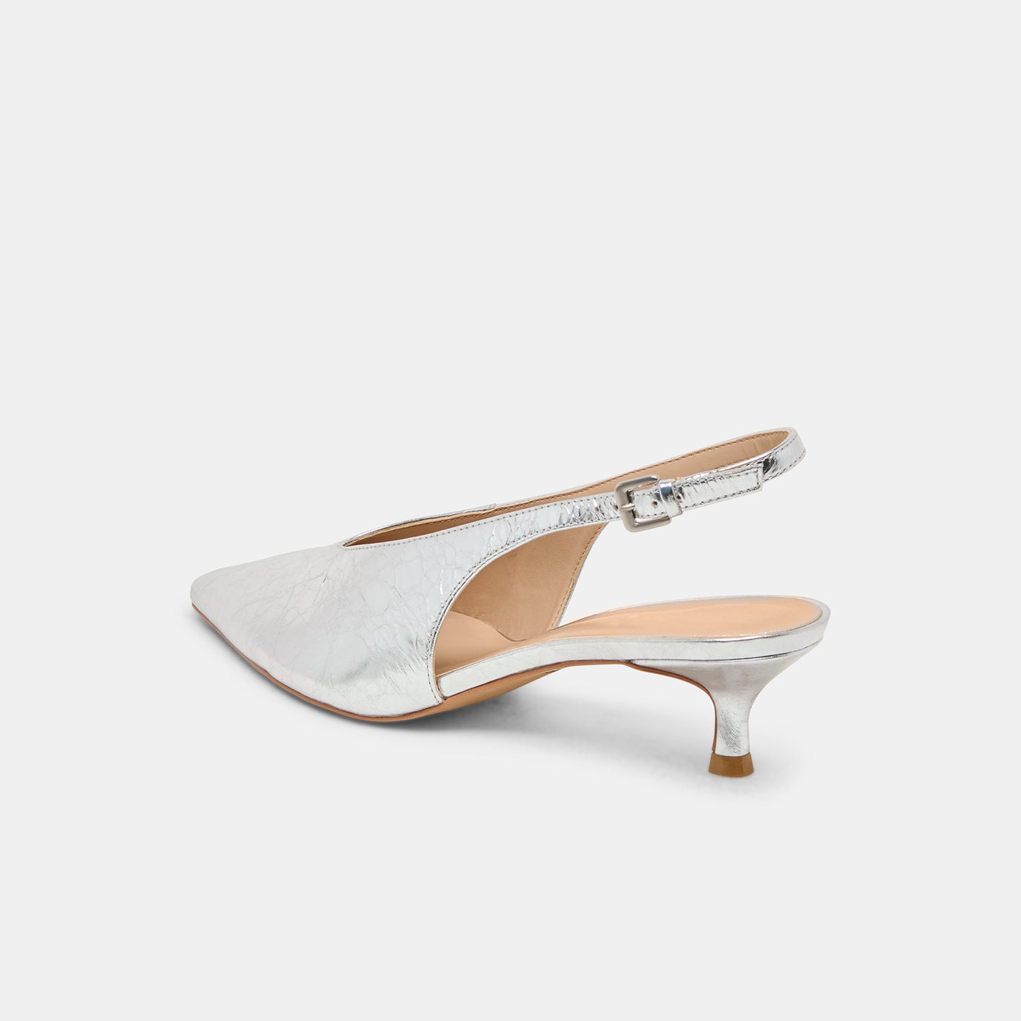 Metallic Silver Classic Pointed-Toe Slip-On Slingback Kitten Heels