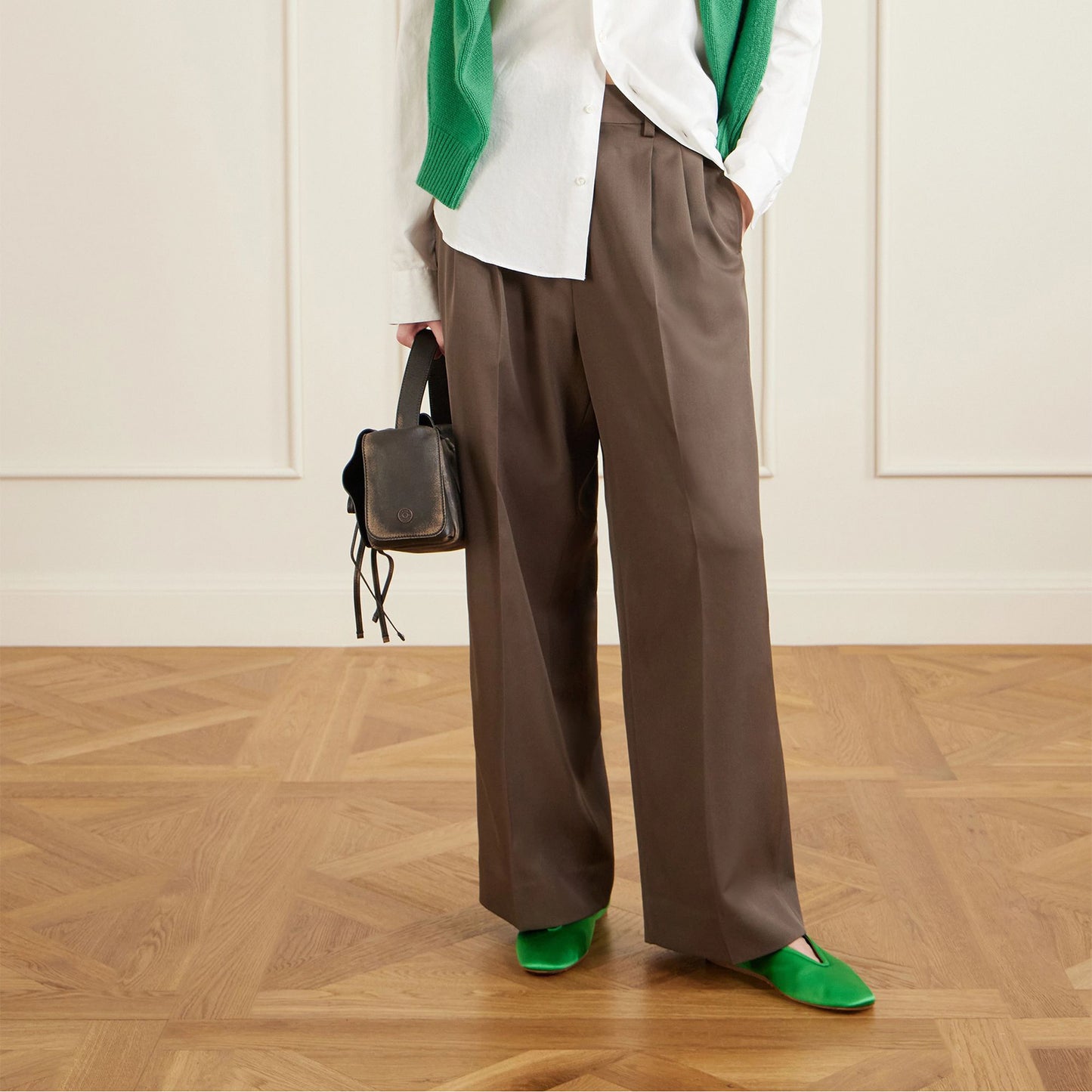 Green Satin Square-Toe Slip-On Chic Ballet Flats