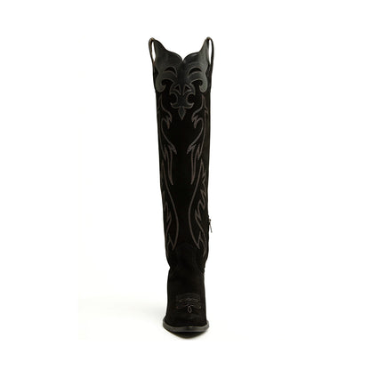 Black Faux Suede Round-Toe Half-Zip Embroidery Tall Knee High Cowgirl Boots