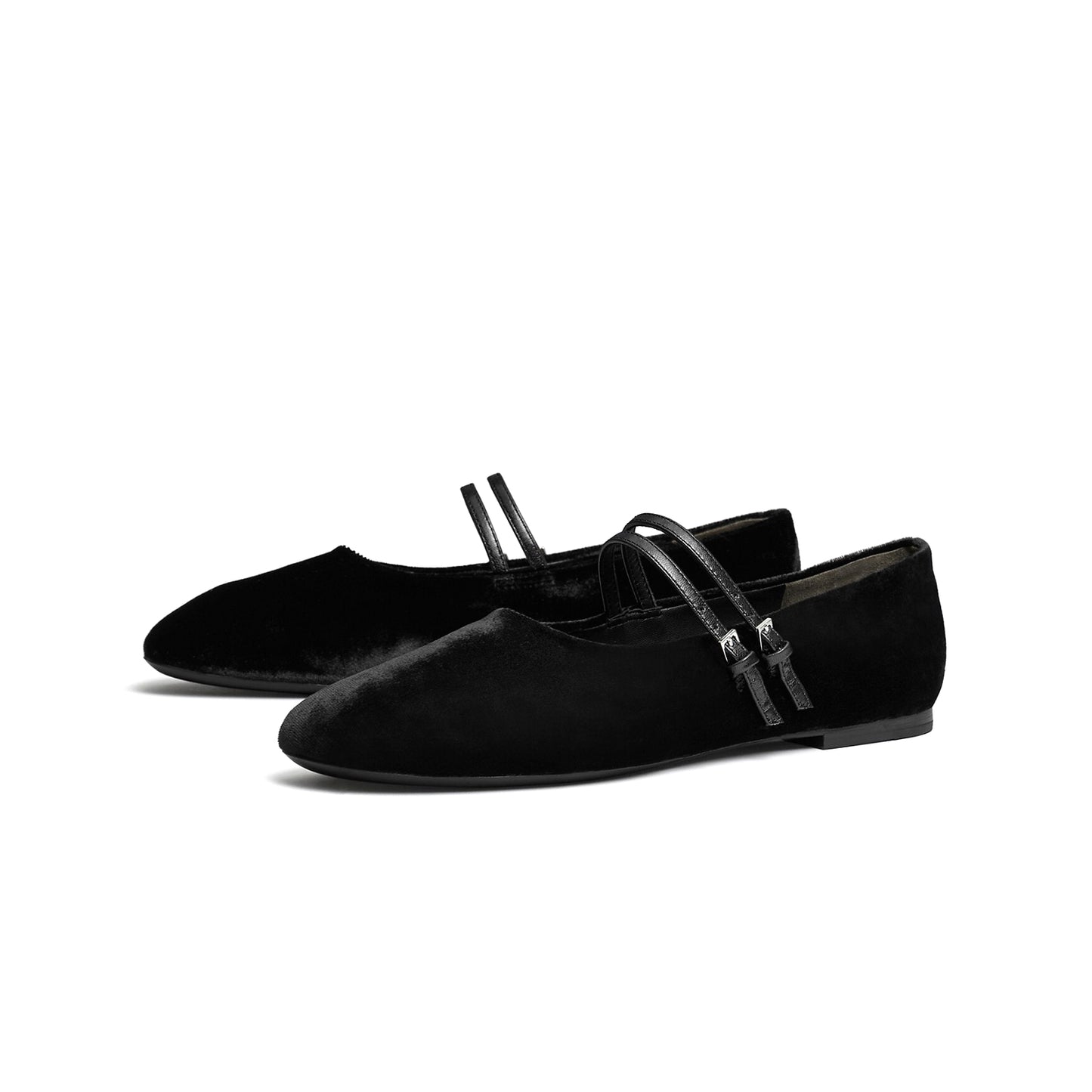 Black Velvet Square-Toe Double Bridge Straps Ballet Flats