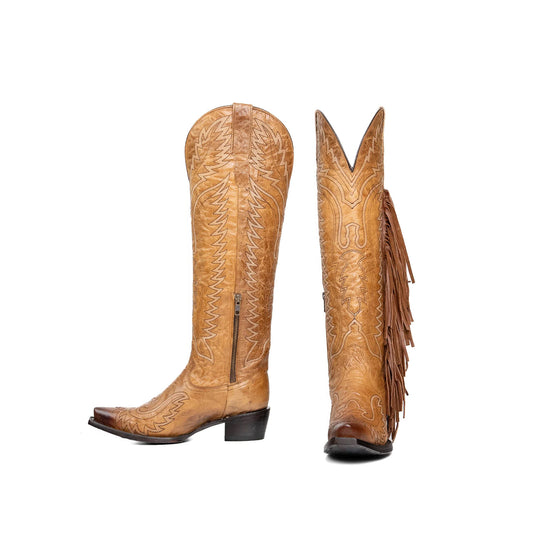 Camel Snip-Toe Embroidery Side Fringe Half-Zip Knee High Cowgirl Boots