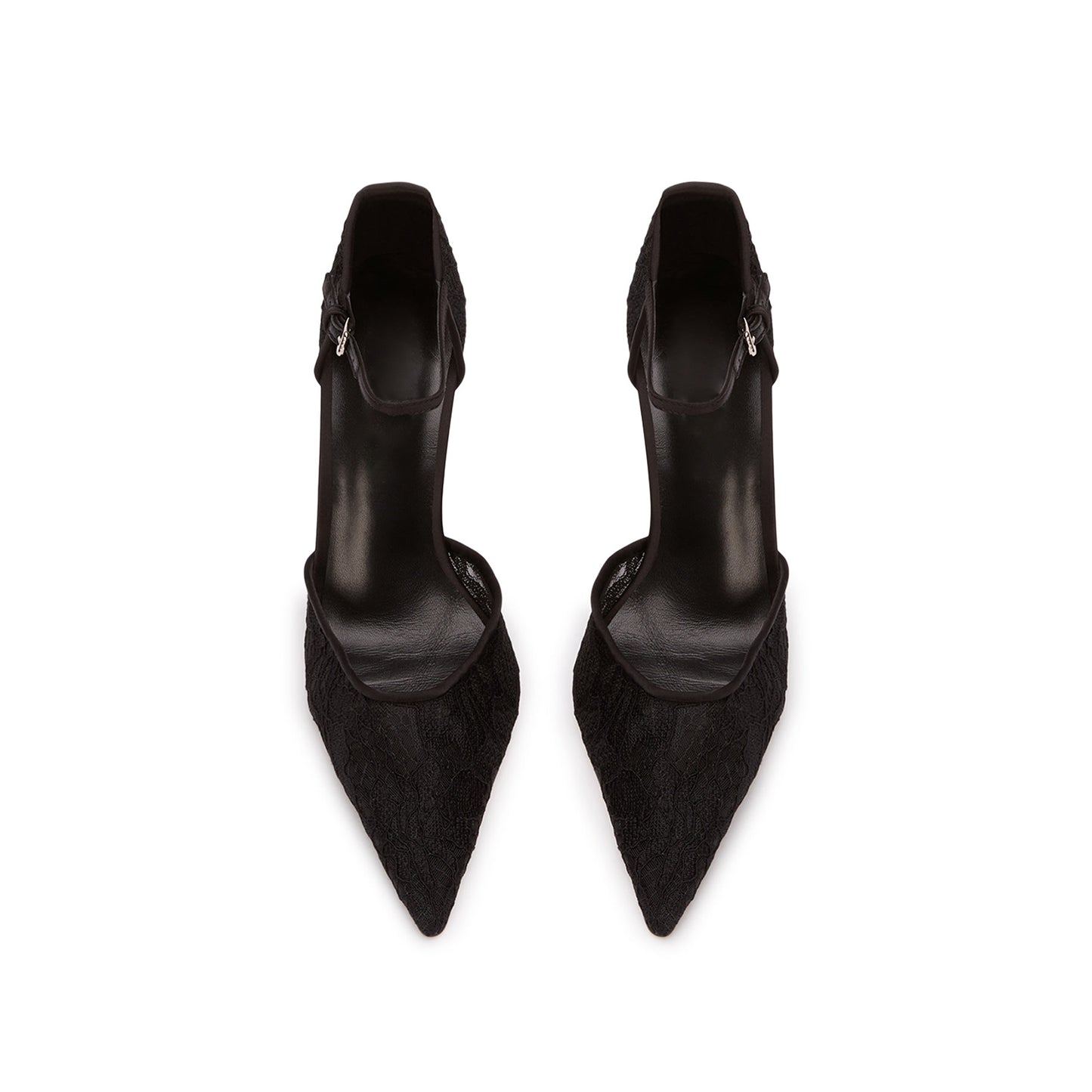 Black Lace Mesh Pointed-Toe Satin Ankle Strap High Heels