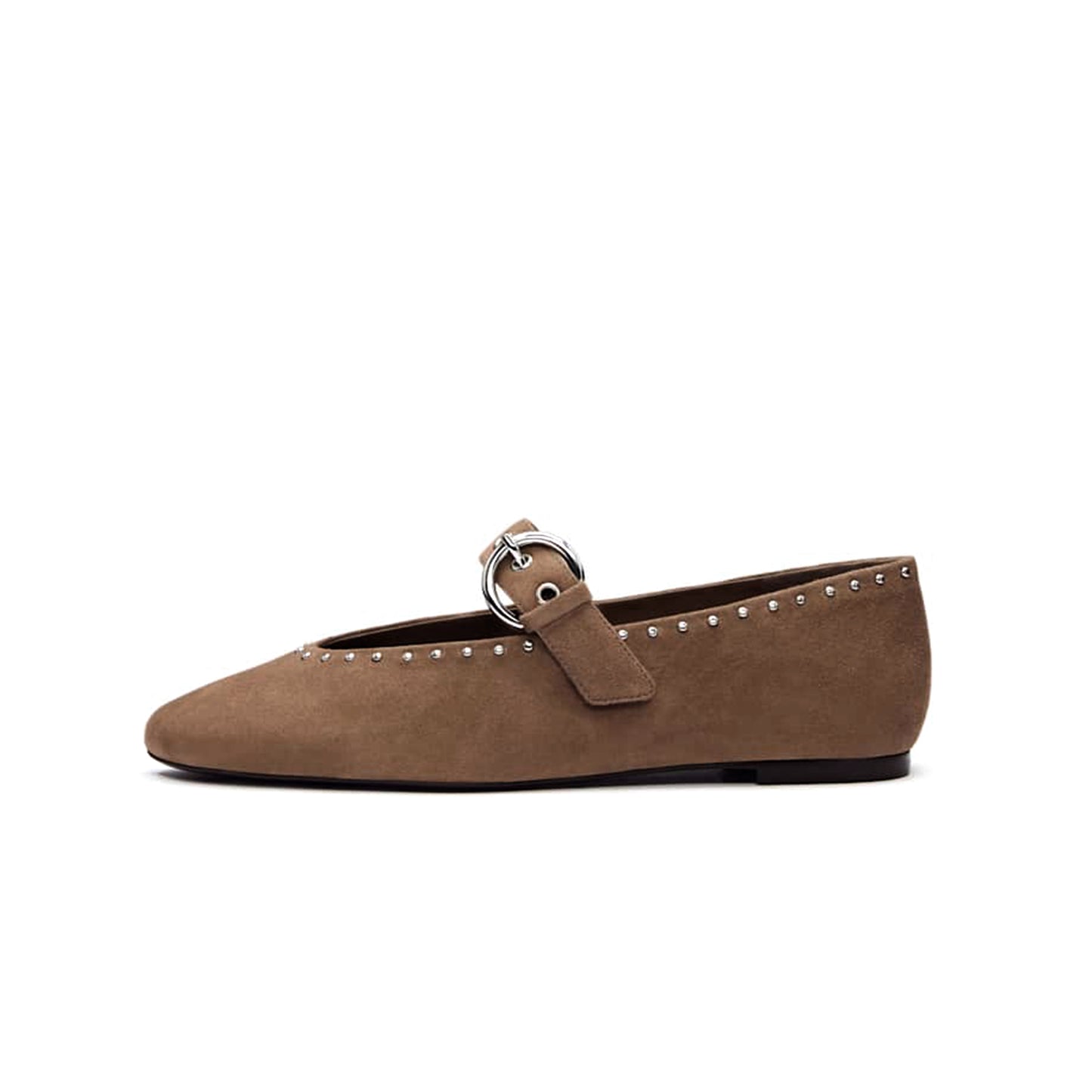 Brown Faux Suede Square-Toe Classic Buckle Bridge Strap Studs Ballet Flats