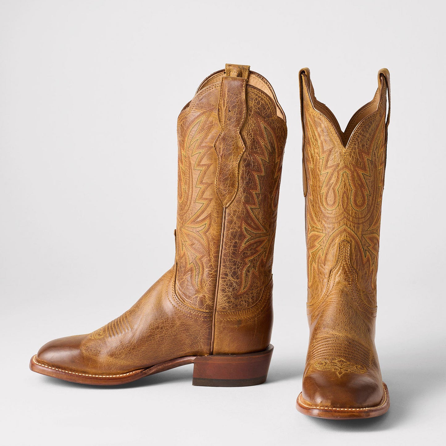 Tan Square-Toe Delicate Embroidery Classic Mid Calf Cowgirl Boots