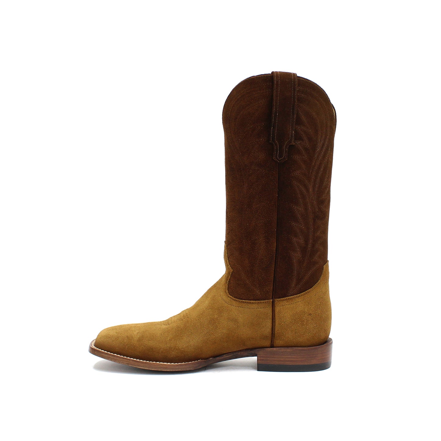 Contrast Chocolate And Camel Square-Toe Embroidery Mid Calf Cowgirl Boots
