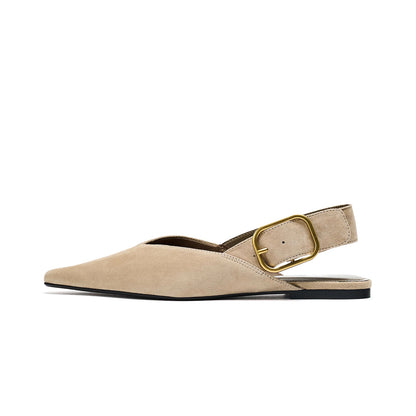 Beige Faux Suede Pointed-Toe Slingback Buckle Flats