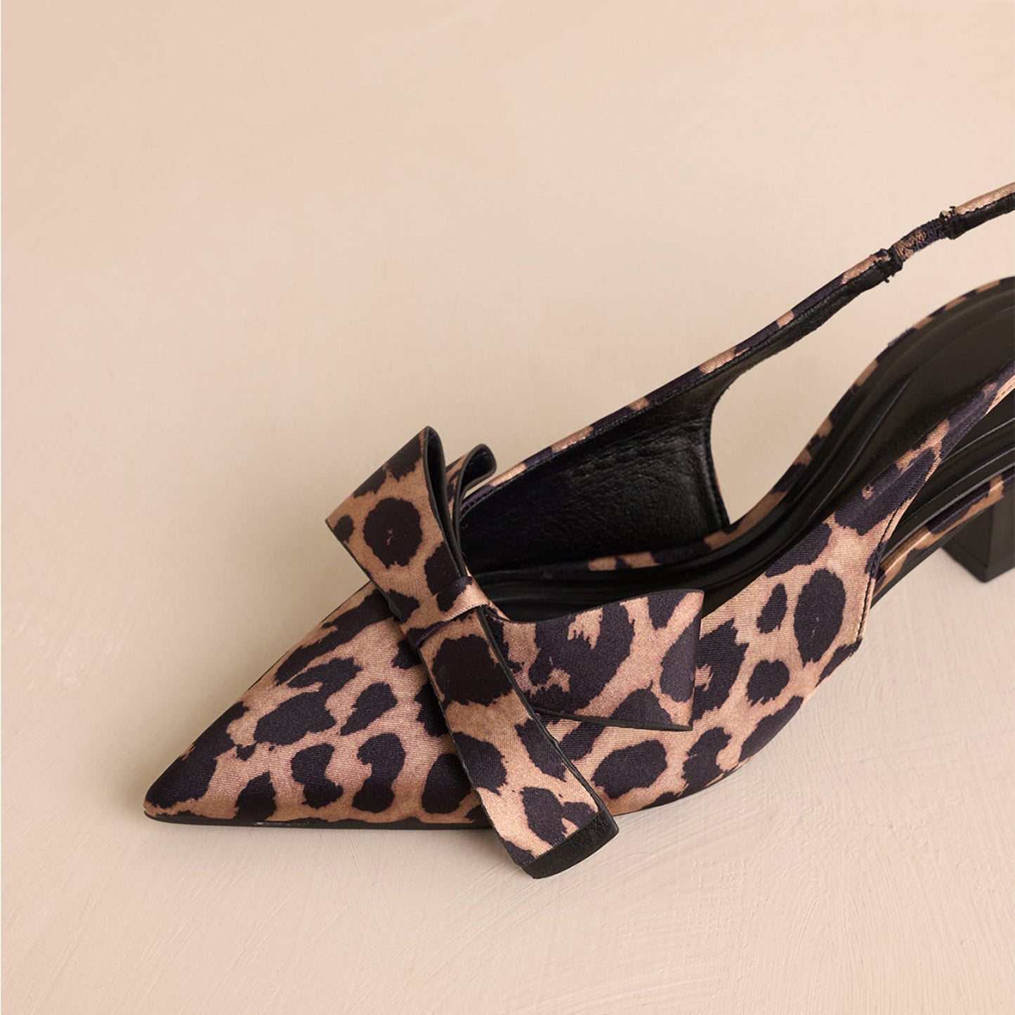 Leopard Satin Pointed-Toe Front Bow Slingback Kitten Heels
