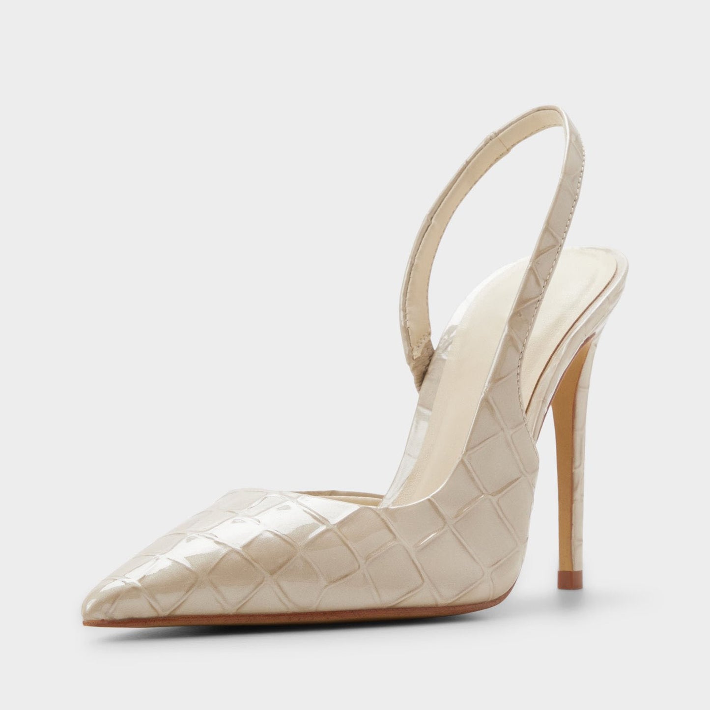 Cream Stone Pattern Patent Leather Pointed-Toe Back Strap High Heels
