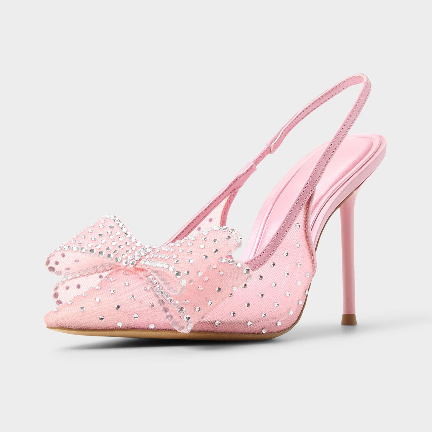 Pink Satin And Mesh Pointed-Toe Full Pearl And Front Bow Slingback High Heels