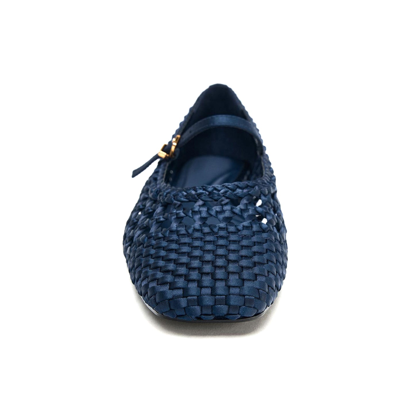 Blue Woven Satin Square-Toe Buckle Mary Jane Chic Flats