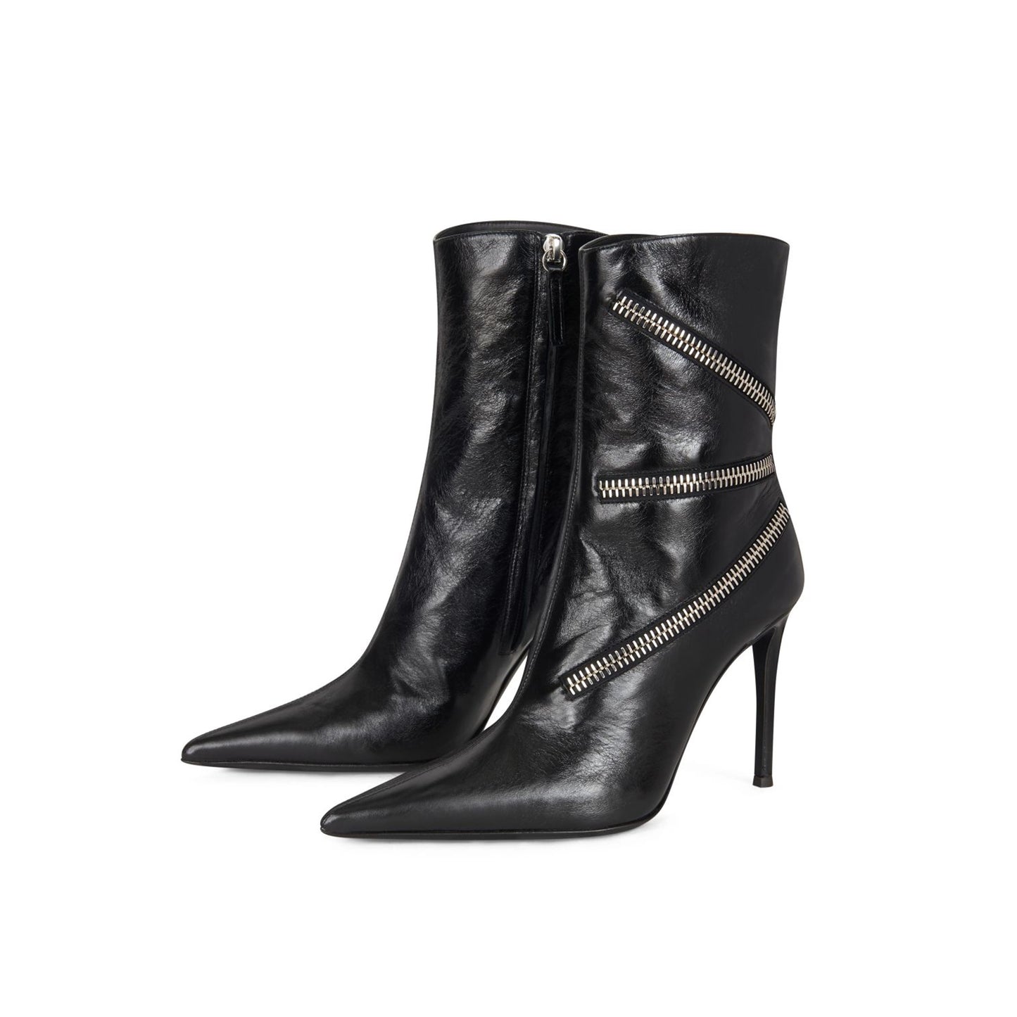 Black Pointed-Toe Three Zippers Decoration and Full-Zip Ankle Stiletto Boots
