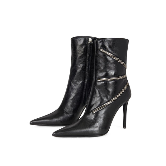 Black Pointed-Toe Three Zippers Decoration and Full-Zip Ankle Stiletto Boots
