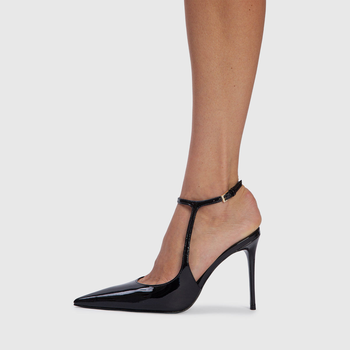 Patent Black Pointed-Toe Ankle Strap With Buckle Chic High Heels