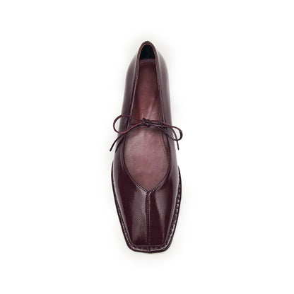 Patent Burgundy Square-Toe V-Cut Vamps Bridge Self-Tie Bow Ballet Flats