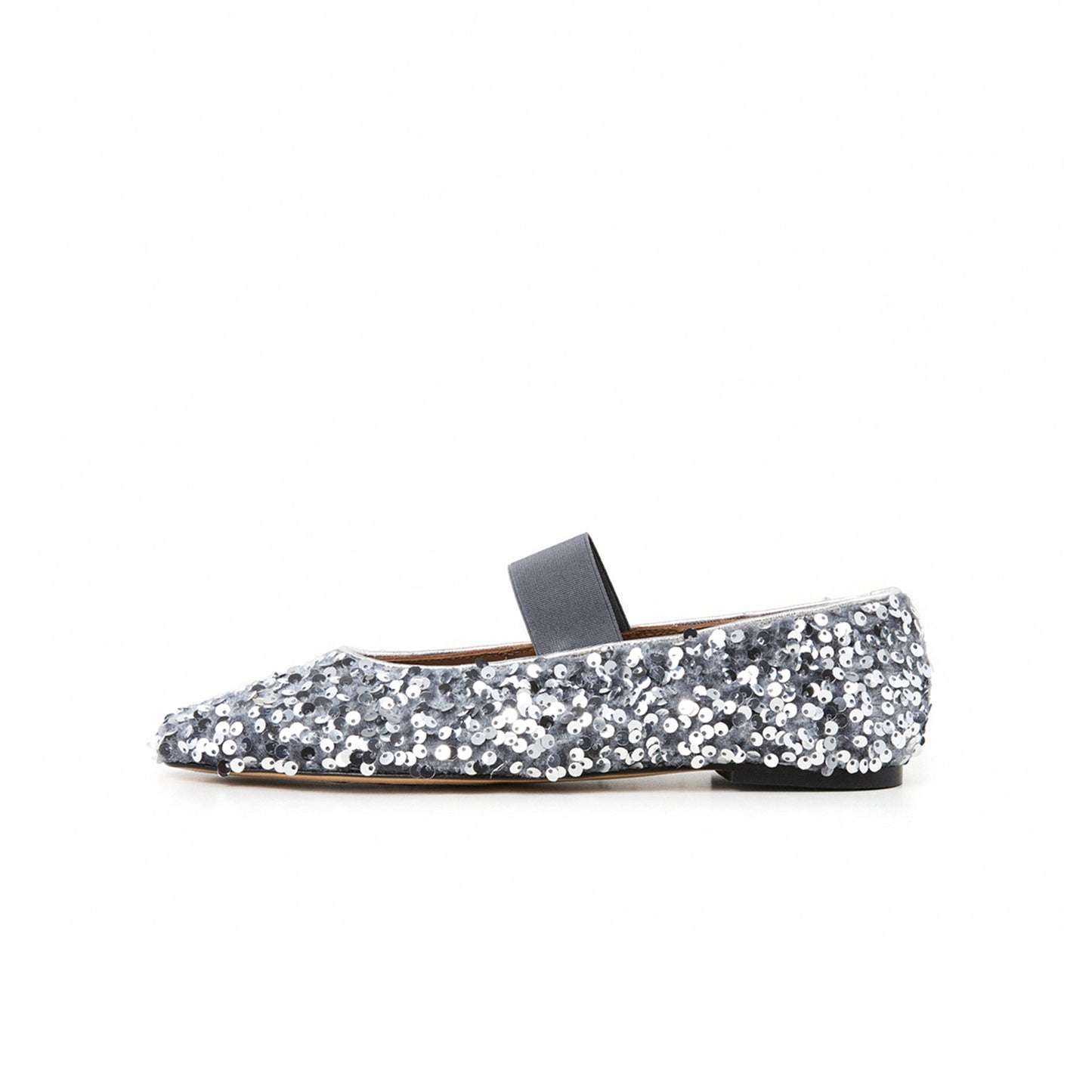 Gray Velvet Round-Toe Full Sequins Ballet Mary Jane Flats