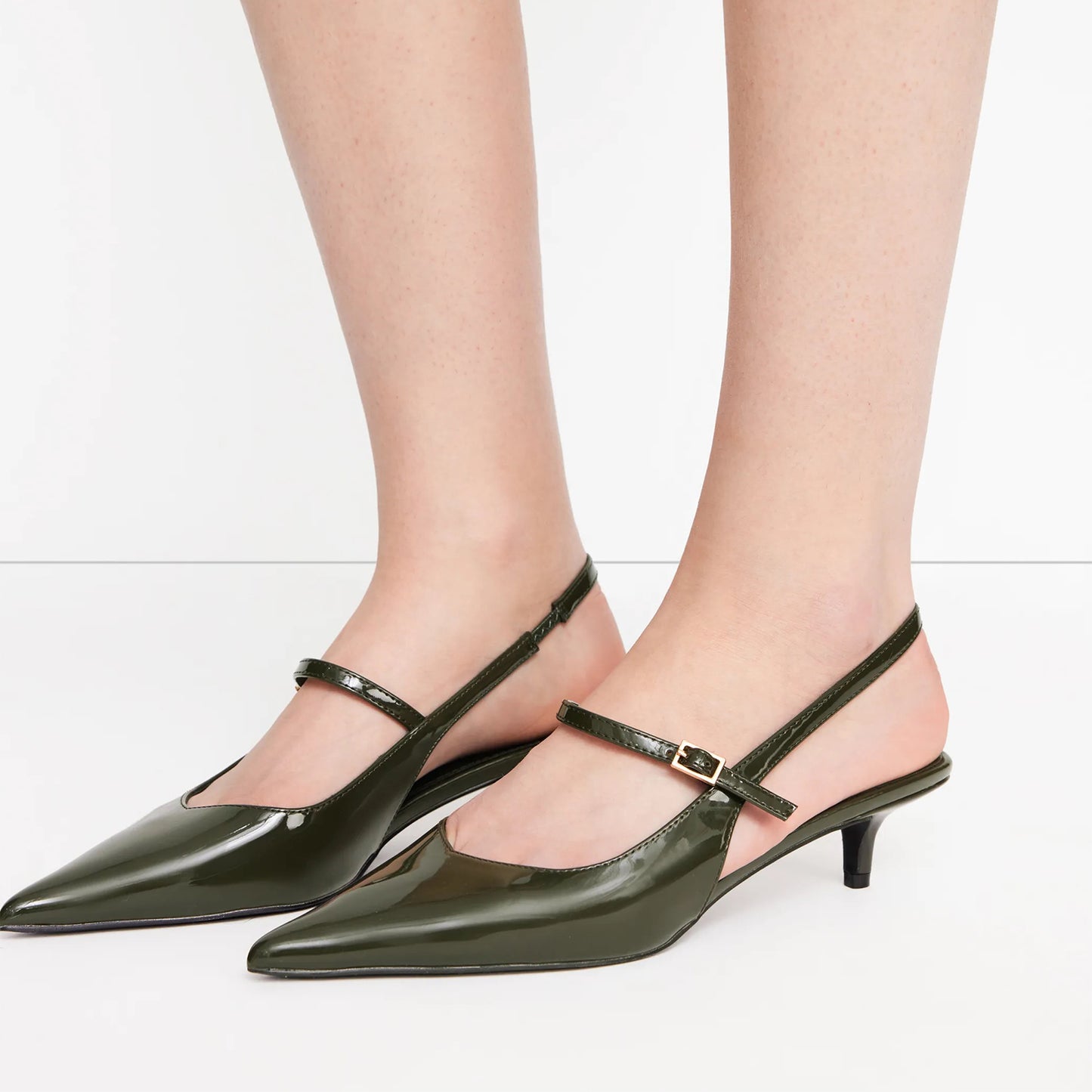 Patent Dark Green Pointed-Toe Middle And Back Strap Chic Kitten Heels