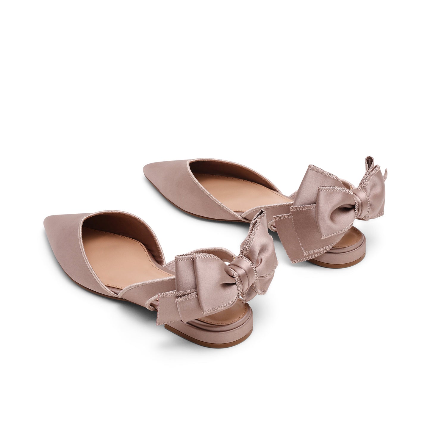 Taupe Satin Pointed-Toe Slingback Back Bow Flats