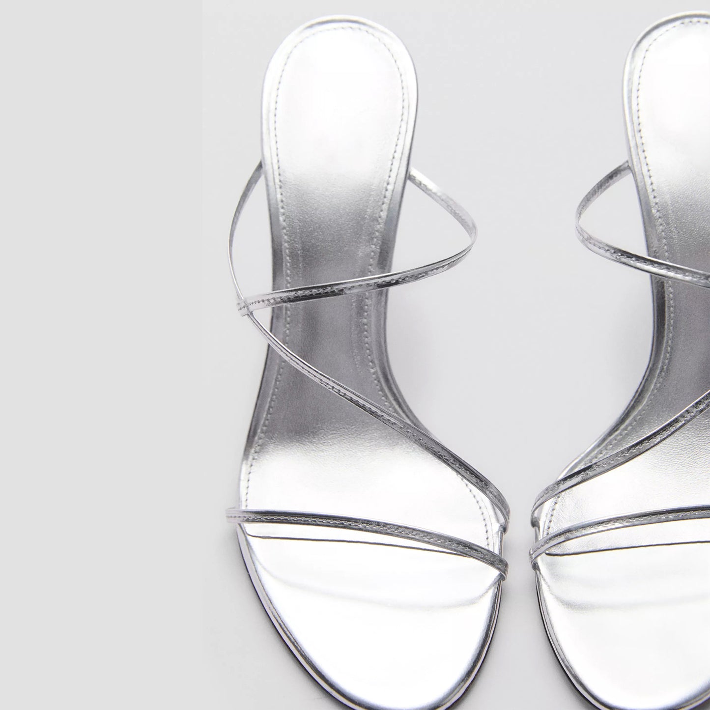 Metallic Silver Round-Toe Slip-On Sandals High Heels With Straps