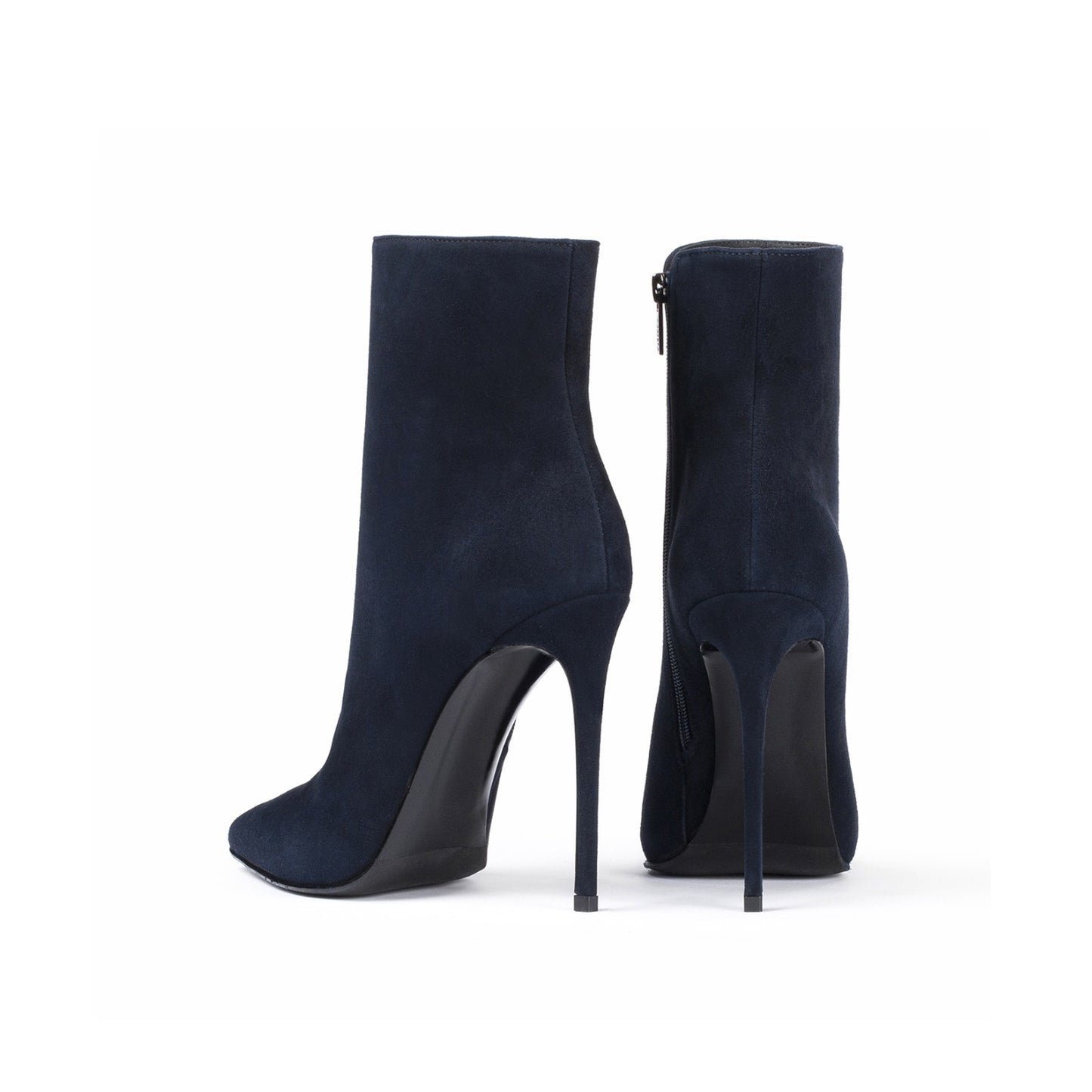 Dark Blue Faux Suede Pointed-Toe Simple Full-Zip Ankle Stiletto Boots