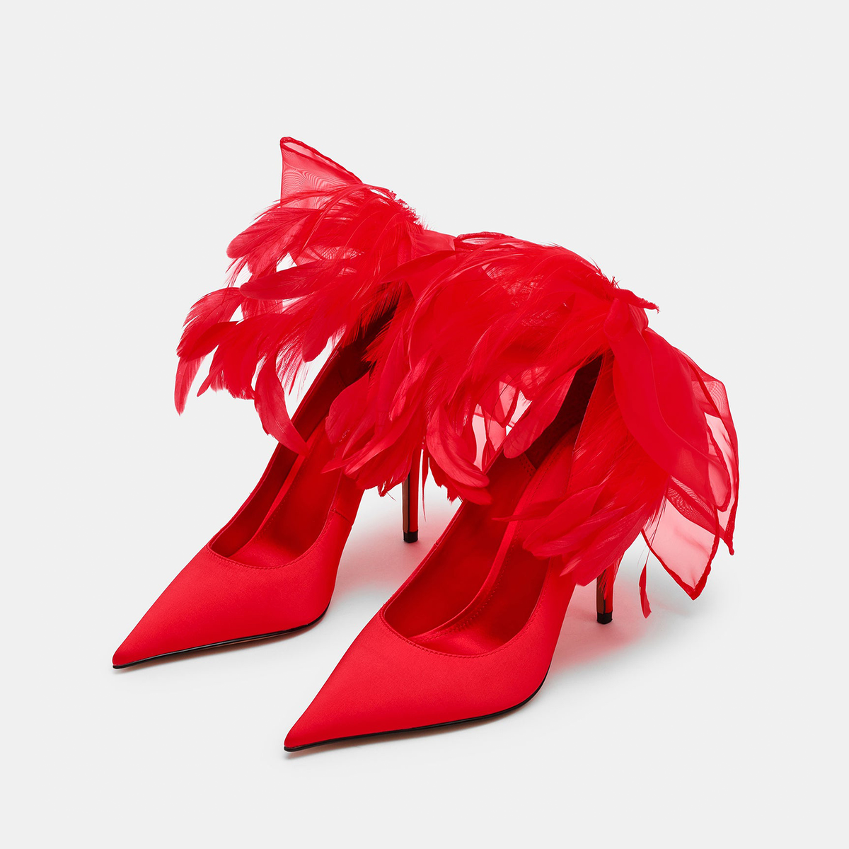 Red Satin Pointed-Toe Back Feather And Bow Slip-On High Heels
