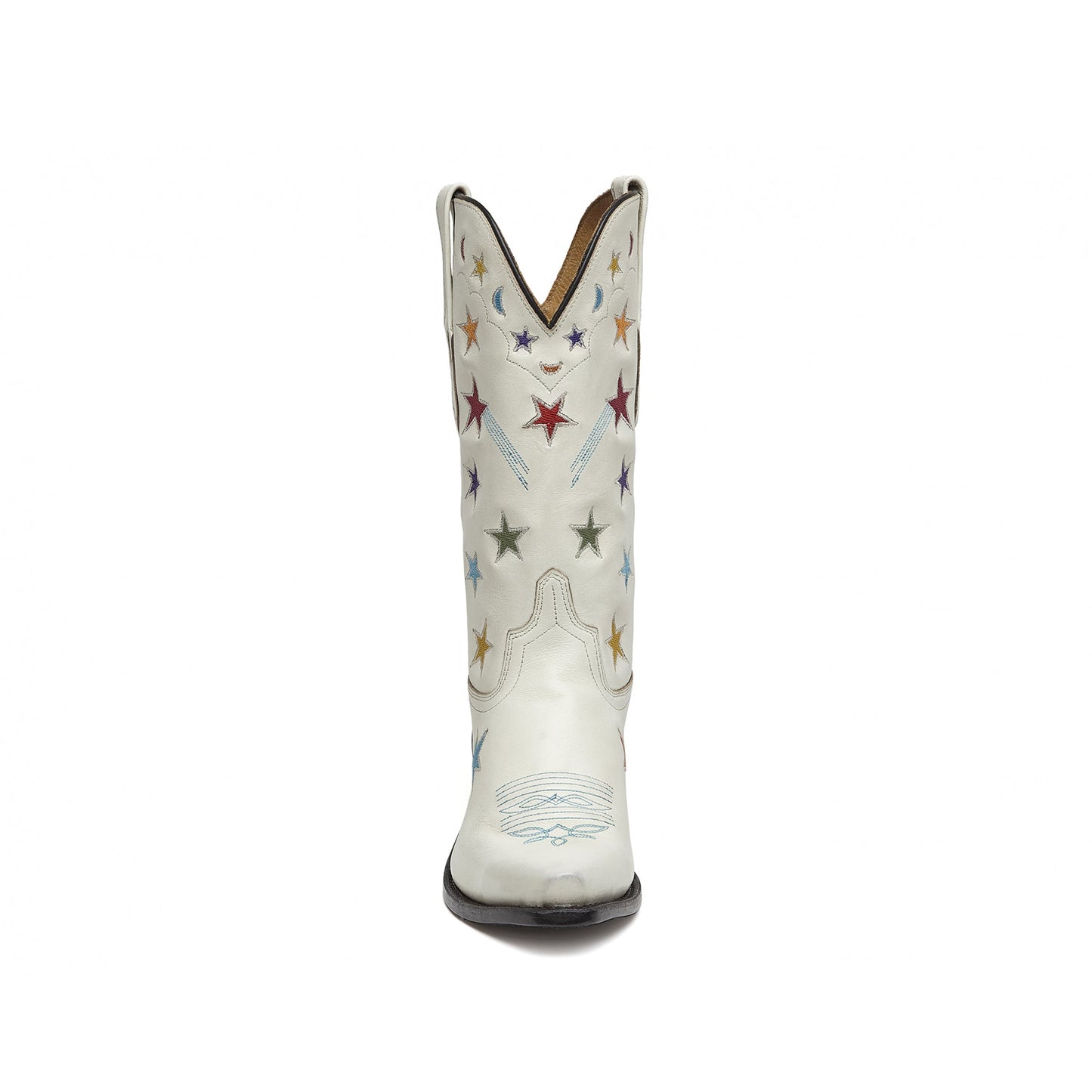 White Snip-Toe Stars And Moons Embroidery Mid Calf Cowgirl Boots