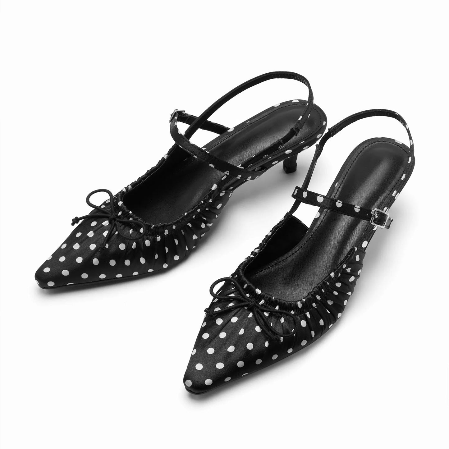 Black Satin White Polka Dot Pointed-Toe Back Strap Kitten Heels