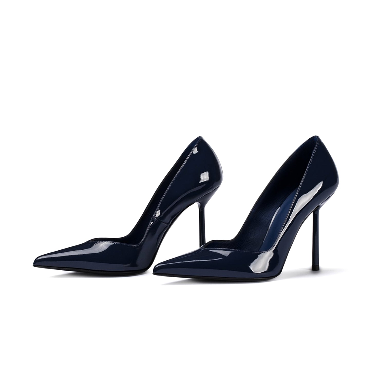 Patent Blue Pointed-Toe Sleek Slip-On High Heels