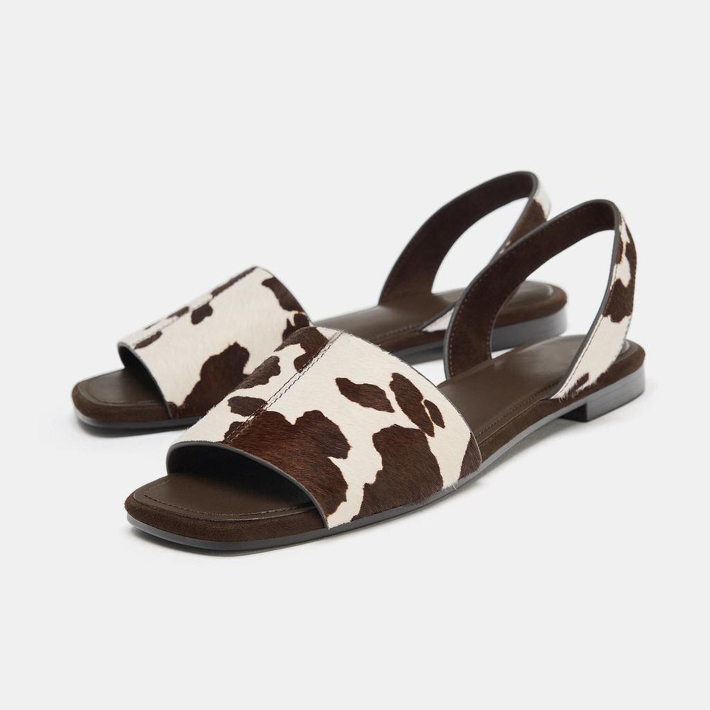 Cow Pattern Pony Hair Vegan Leather Square-Toe Back Strap Chic Flats