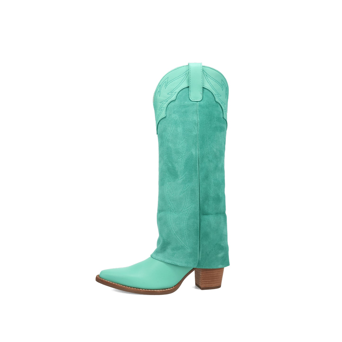 Green Snip-Toe Faux Suede Fold-Over Embroidery Wide Calf Knee High Cowgirl Boots