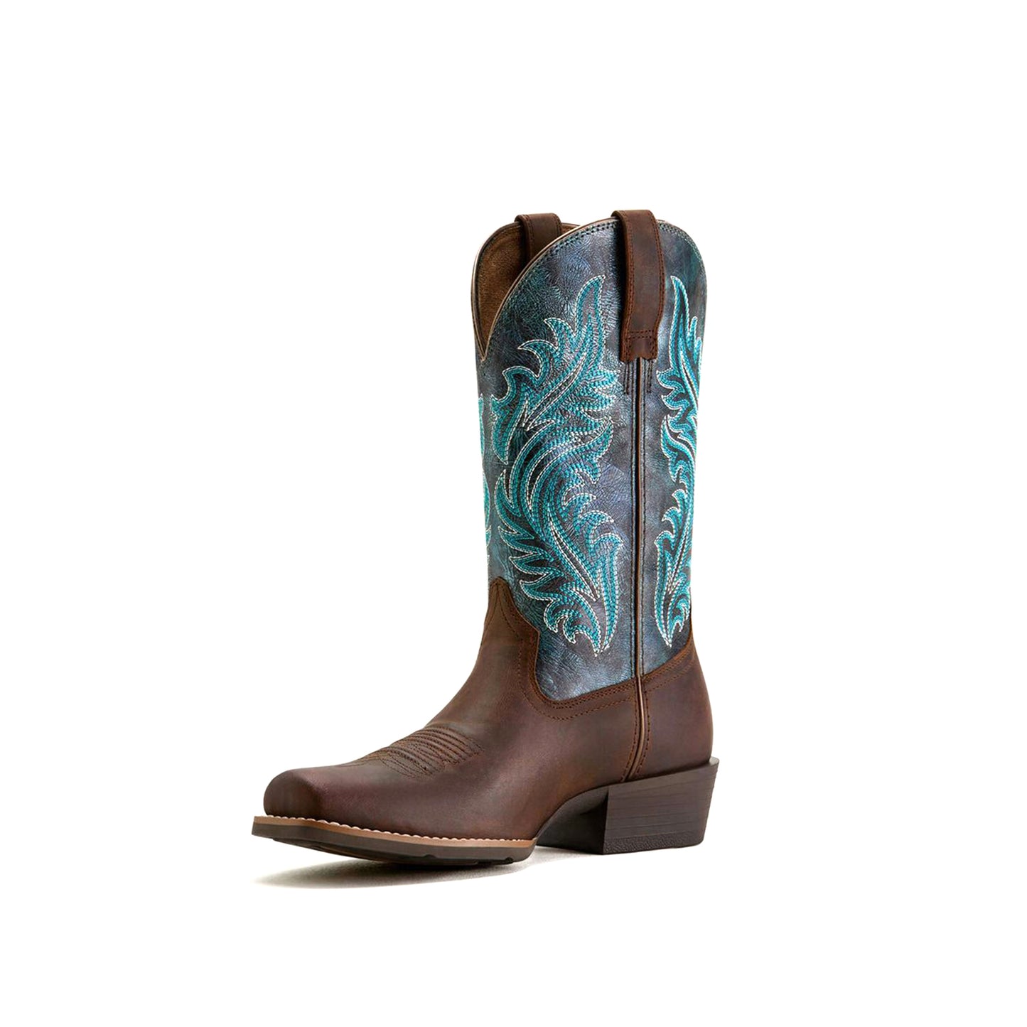 Contrast Brown And Navy Square-Toe Classic Embroidery Mid Calf Cowgirl Boots
