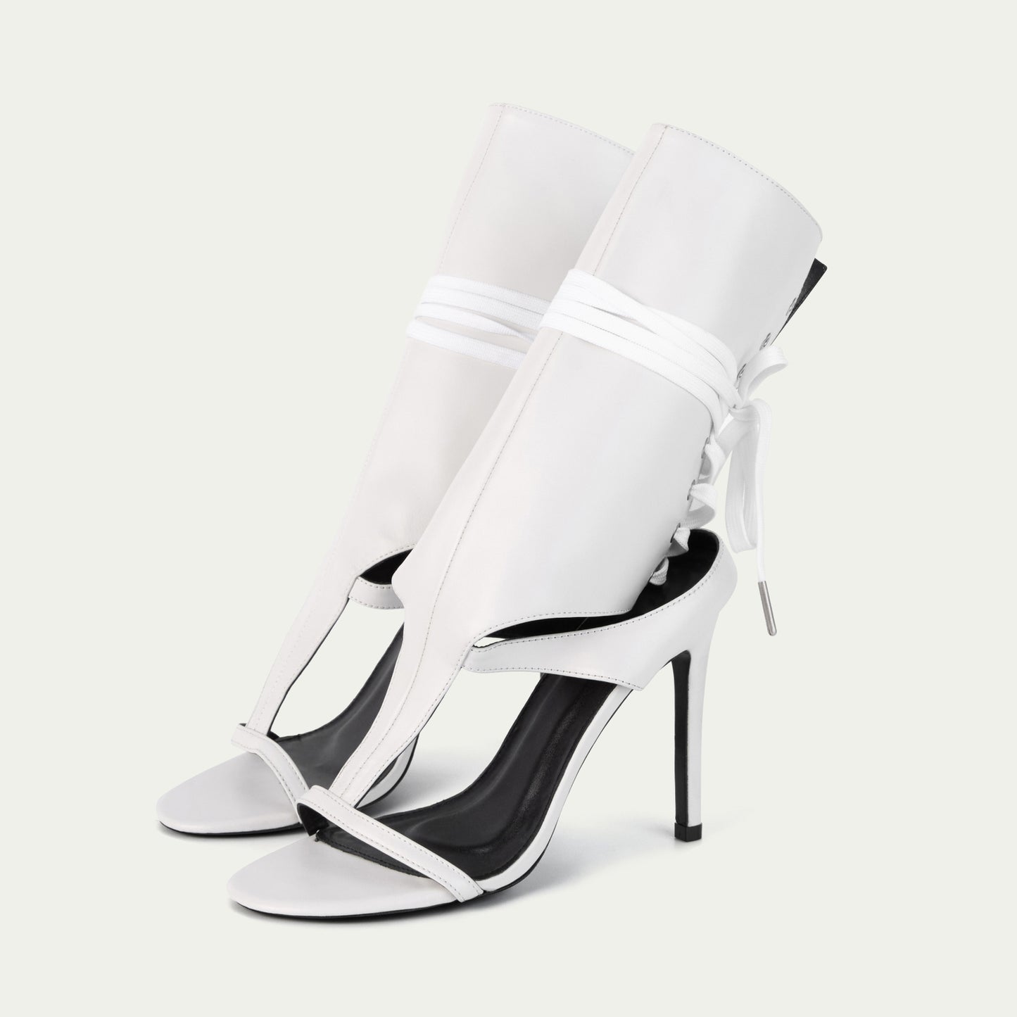 White Open Round-Toe Back Lace-Up Shaft Stiletto High Heels
