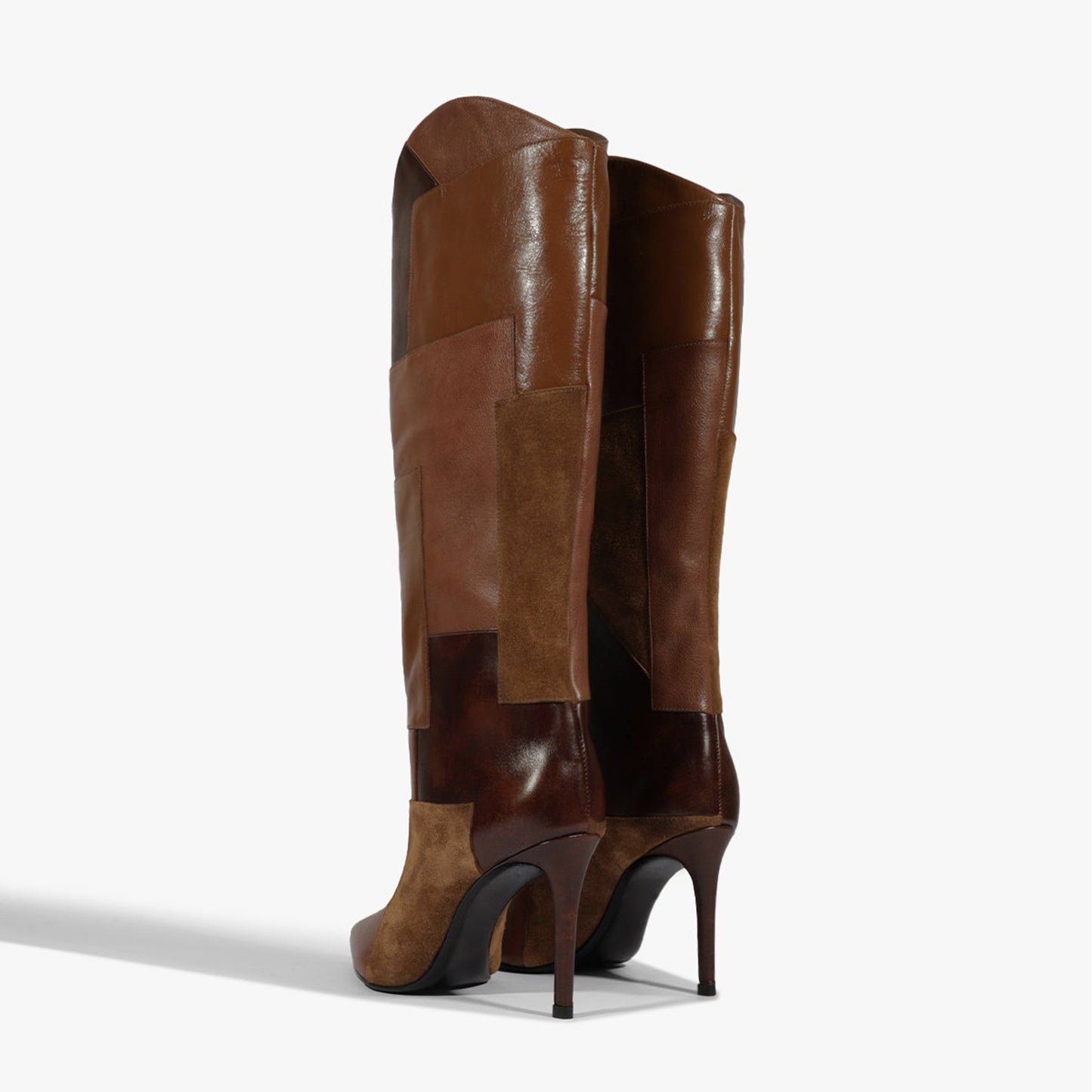 Brown Pointed-Toe Patch Detail Wide Calf Knee High Stiletto Boots