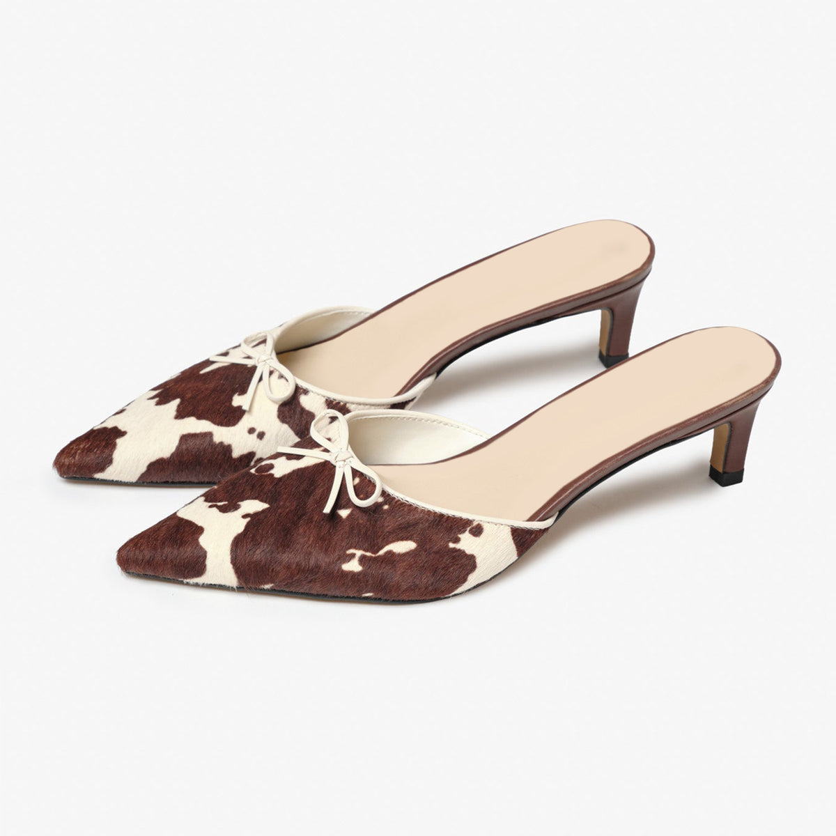 Cow Pattern Pony Hair Vegan Leather Pointed-Toe Front Bow Backless Kitten Heels