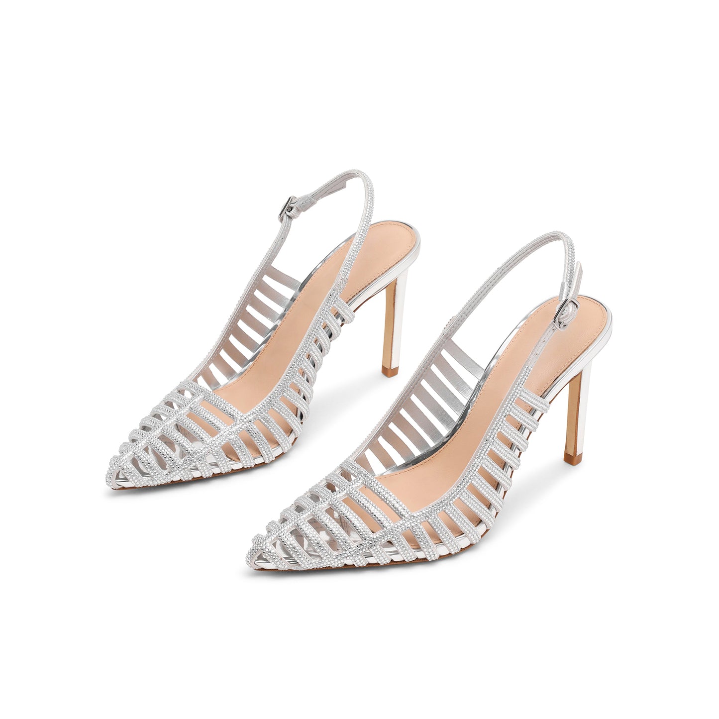 Metallic Silver Pointed-Toe Rhinestones Strappy And Slingback Kitten Heels