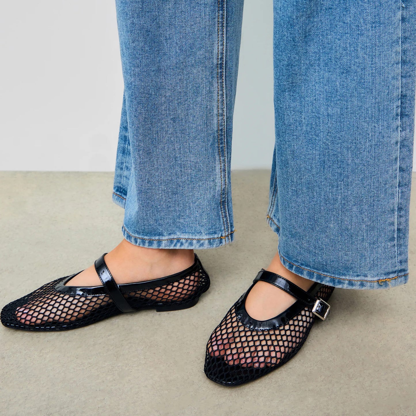 Black Mesh And Patent Leather Square-Toe Mary Jane Ballet Flats
