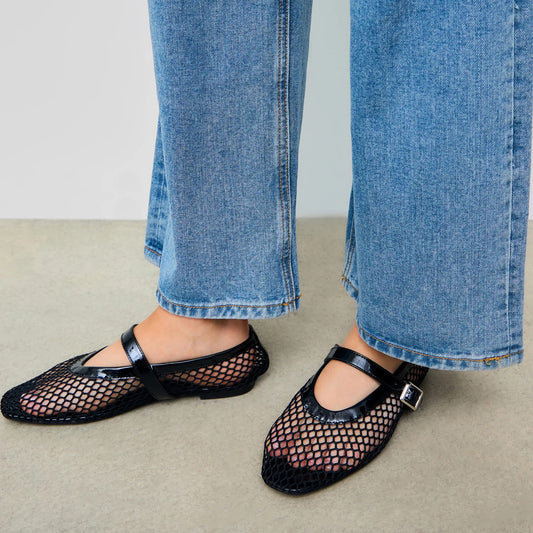 Black Mesh And Patent Leather Square-Toe Mary Jane Ballet Flats