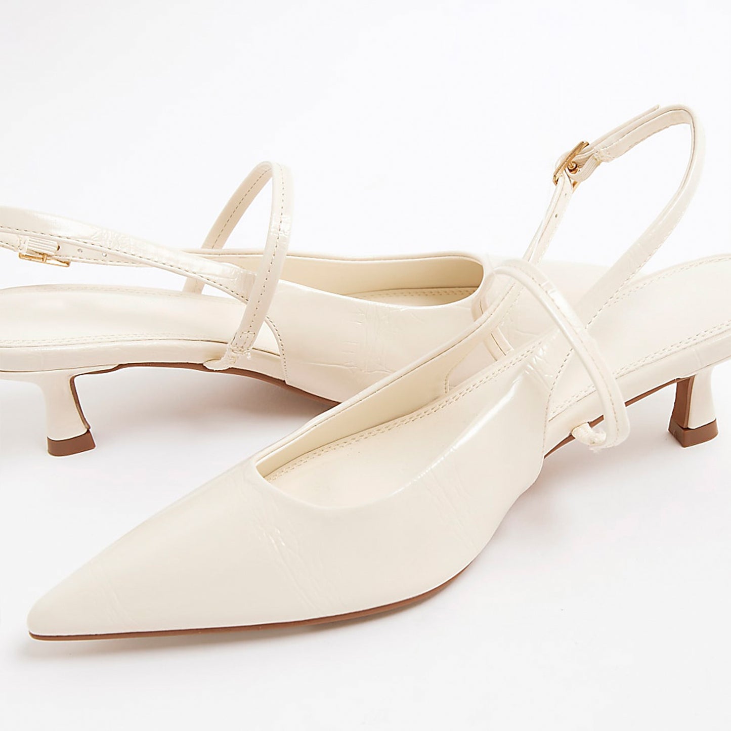 Cream Stone-Print Pointed-Toe Strappy Slingback Kitten Heels