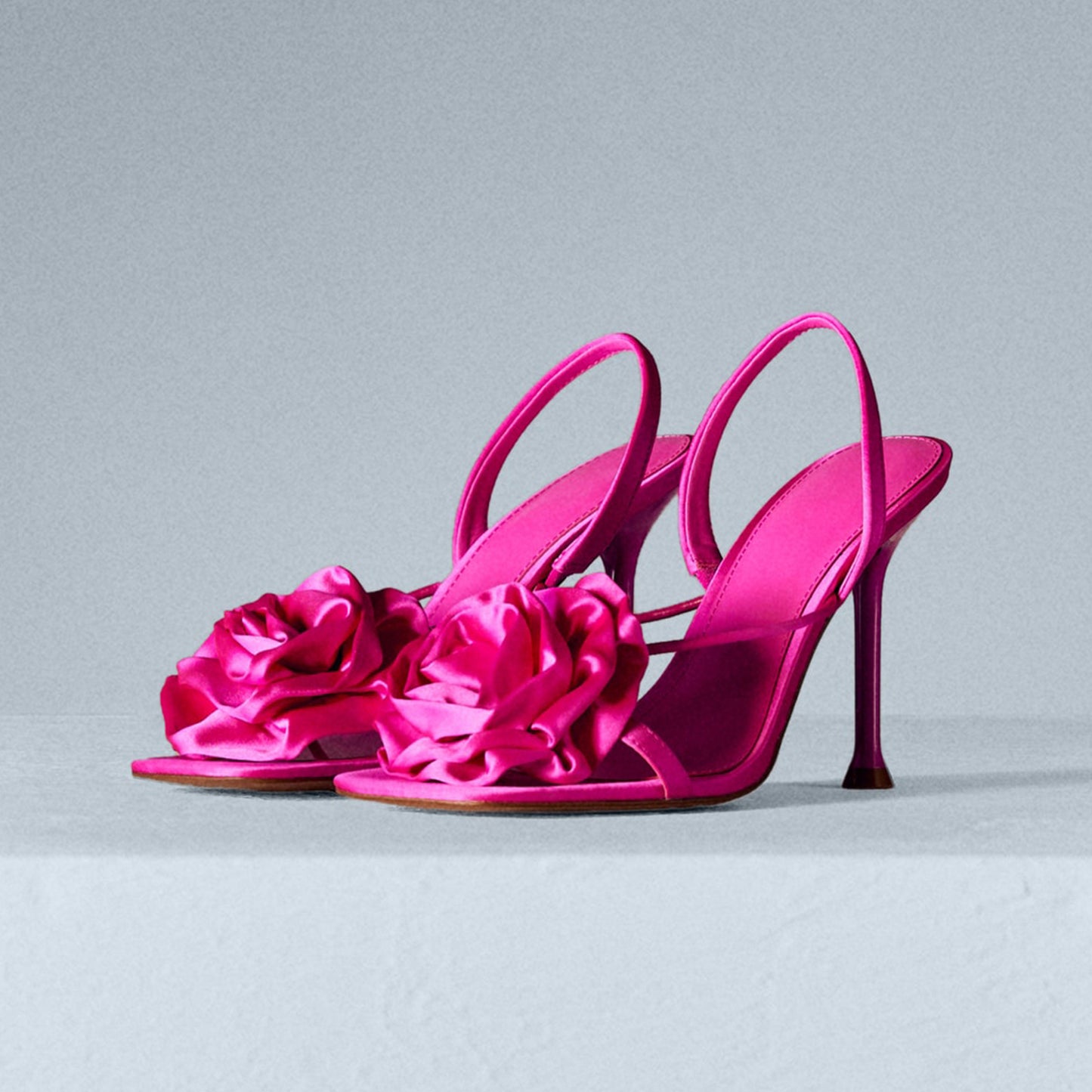 Fuchsia Satin Square-Toe Big Front Flower Slingback High Heels
