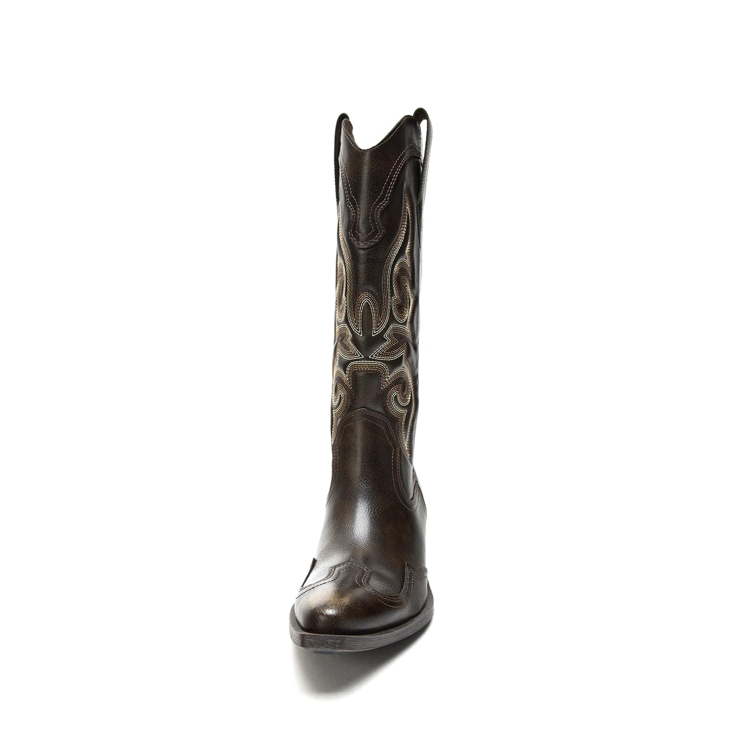 Brown Snip-Toe Embroidery Side Pull Tabs Mid Calf Cowgirl Boots