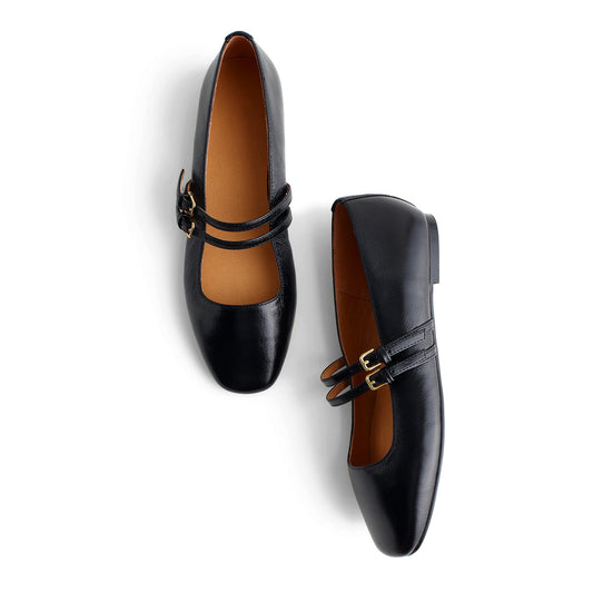 Black Square-Toe Double Buckle Bridge Strap Flats