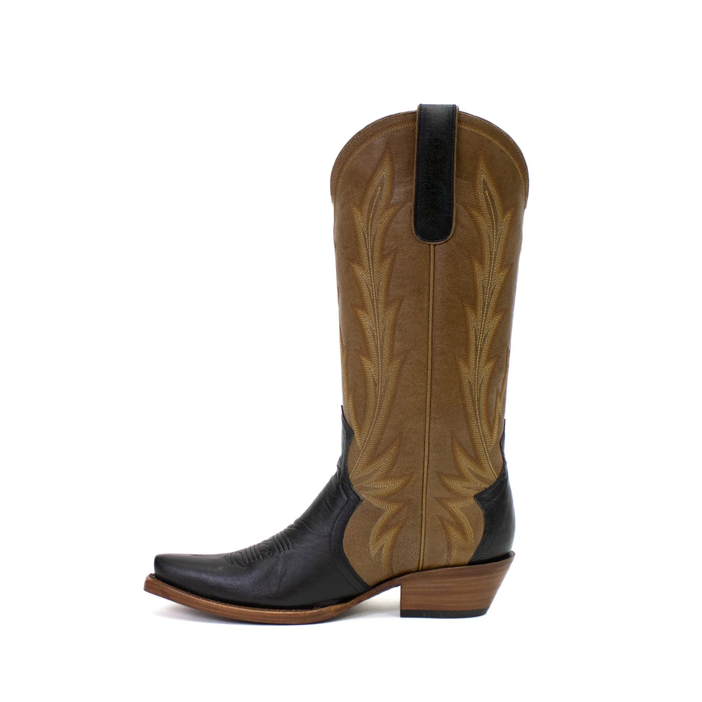 Contrast Brown And Black Snip-Toe Western Embroidery Classic Mid Calf Cowgirl Boots
