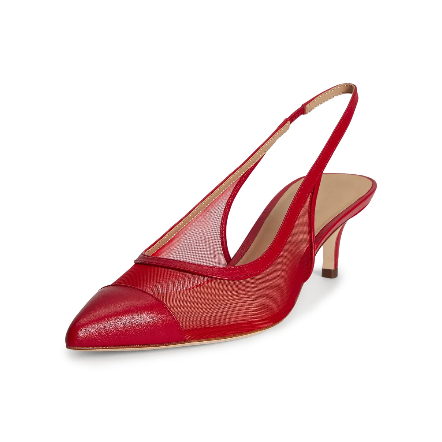 Red Mesh And Vegan Leather Pointed-Toe Back Strap Chic Kitten Heels