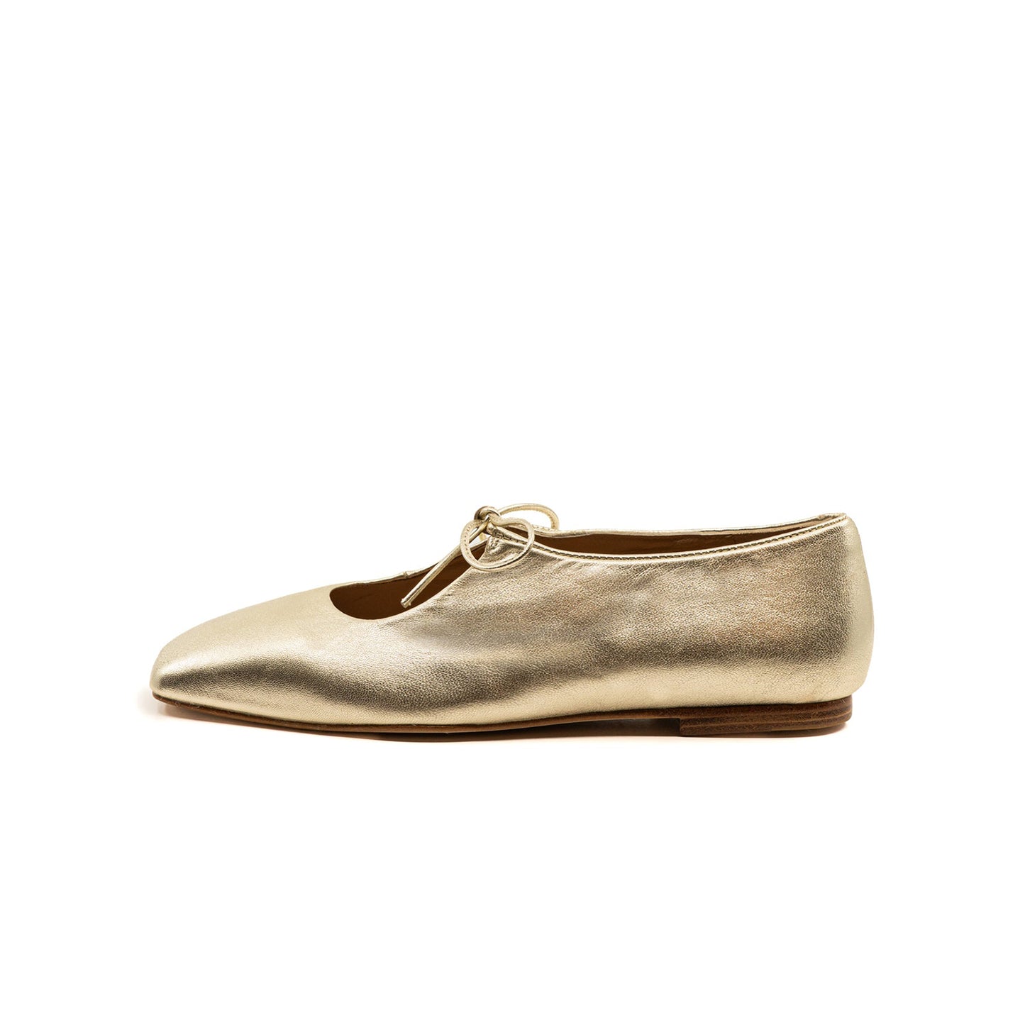 Metallic Gold Vegan Leather Square-Toe Vamp Strap With Bow Ballet Flats