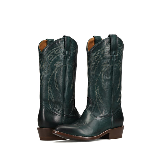 Dark Green Almond-Toe Chic Embroidery Western Mid Calf Cowgirl Boots