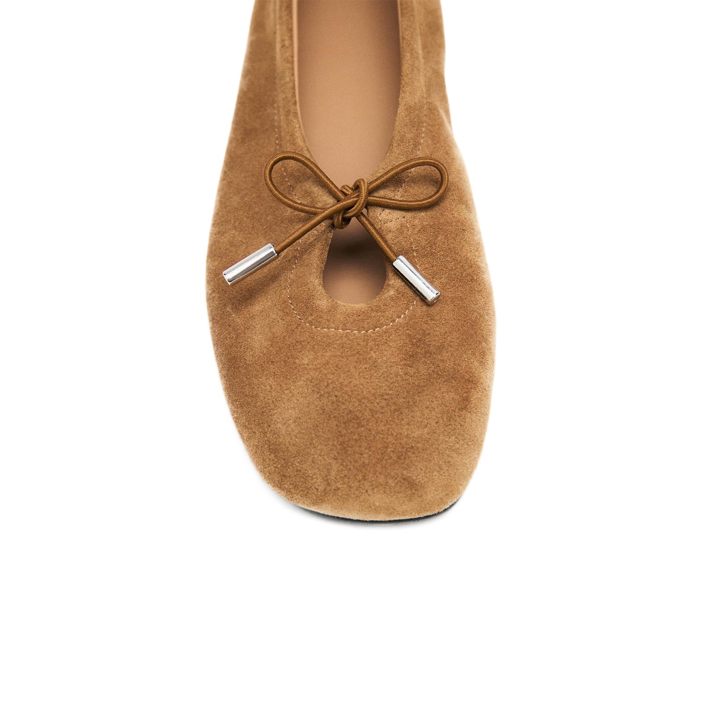 Brown Faux Suede Square-Toe Bridge Self-Tie Bow Ballet Flats
