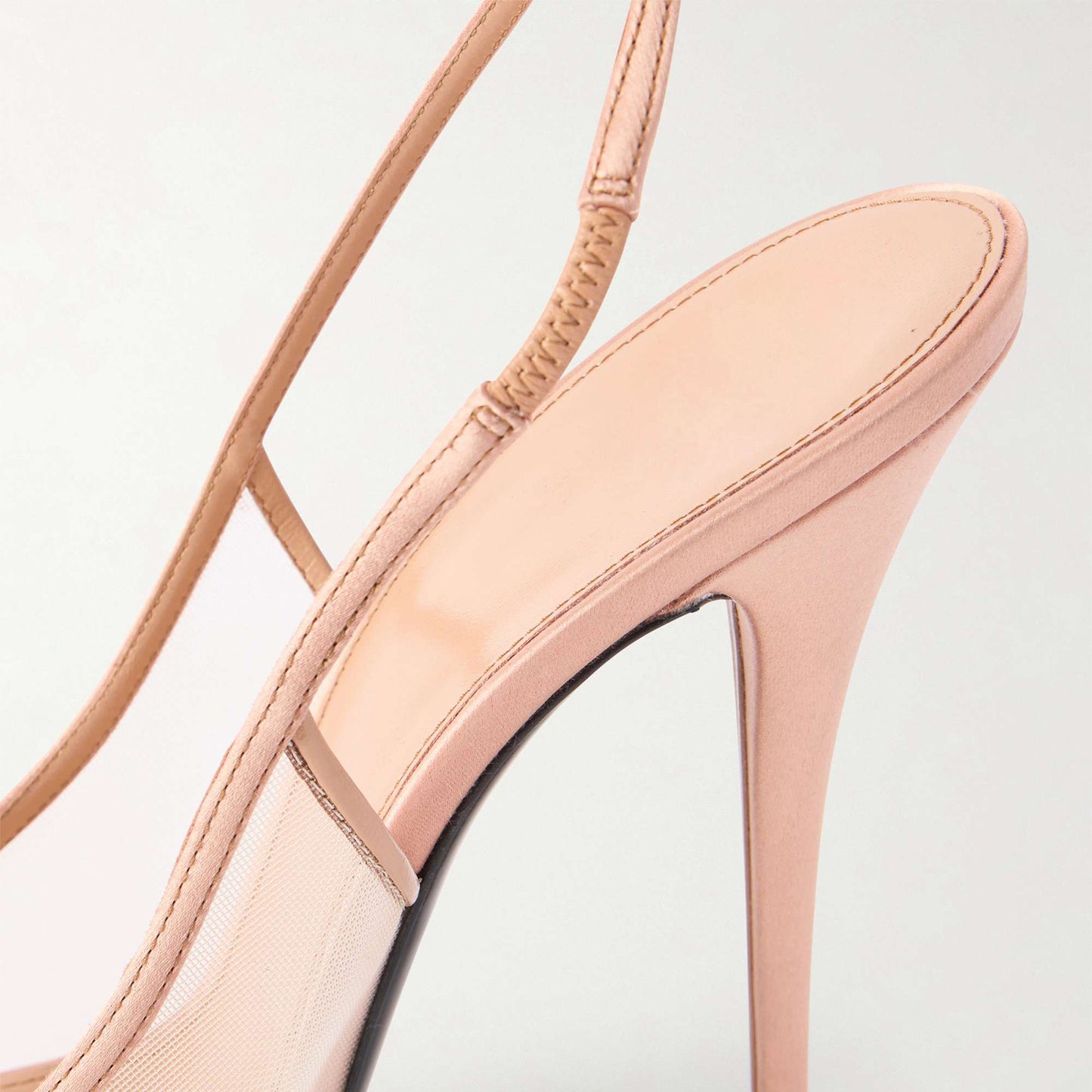 Beige Satin-Trimmed Mesh Pointed-Toe Slingback High Heels