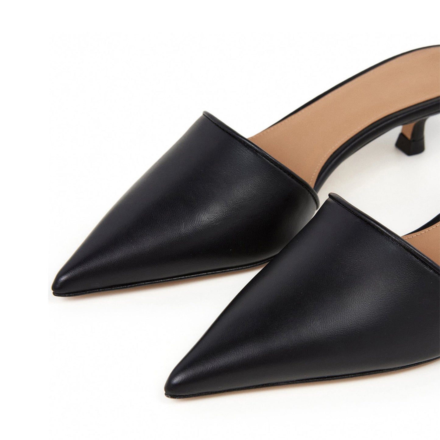 Black Pointed-Toe Slip-On Backless Kitten Heels